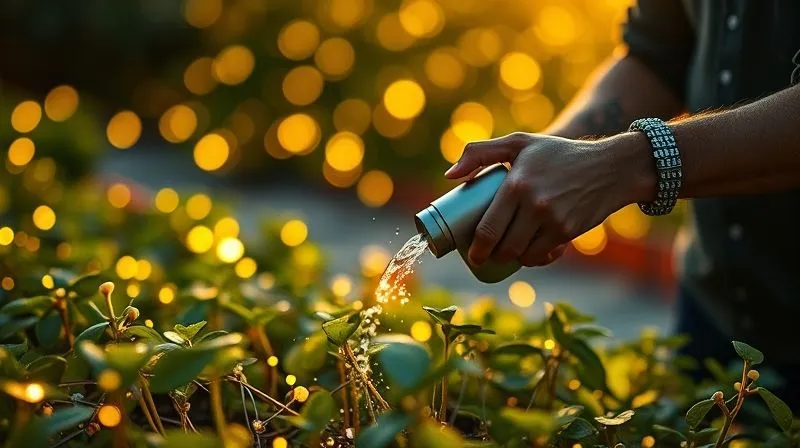 A photorealistic image of a digital nomad consultant tending to a lush, growing garden of digital connections, represented by glowing, interconnected nodes. Each node sprouts small, vibrant leaves, symbolizing nurtured relationships. The consultant is carefully watering one of the nodes with a gentle, consistent flow. Cinematic lighting, sharp focus on the garden, depth of field blurring a serene, inspiring background. 8K hyper-detailed, professional photography, shot on a high-end DSLR.