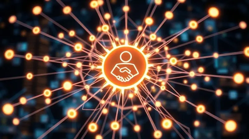 A photorealistic image depicting a complex, glowing network of interconnected nodes and lines, symbolizing a robust Customer Relationship Management (CRM) system. In the center, a stylized icon of a handshake or a person, surrounded by radiating lines connecting to various data points and client profiles. The background is a subtle, blurred digital interface. Cinematic lighting emphasizes the glow and intricate connections, conveying efficiency and strong relationships. Sharp focus on the central network, with depth of field blurring the edges. 8K hyper-detailed, professional photography, shot on a high-end DSLR.