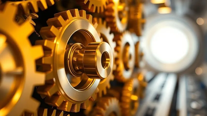 A photorealistic image of intricate, glowing golden gears meshing perfectly together, symbolizing seamless automation and efficiency. The gears are in motion, creating a sense of smooth, continuous operation. The background is a soft, blurred light tunnel, suggesting progress and speed. Cinematic lighting emphasizes the metallic gleam and the precision of the mechanics. Sharp focus on the central gears, with depth of field blurring the background. 8K hyper-detailed, professional photography, shot on a high-end DSLR.