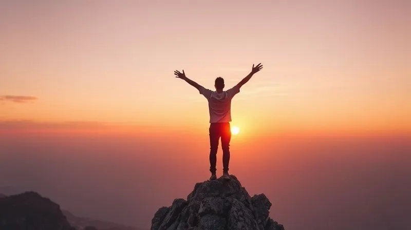 A photorealistic image of a lone figure standing triumphantly on a mountain peak, arms outstretched, looking out over a vast, clear horizon at sunrise. The sky is painted with soft hues of orange and pink, symbolizing new beginnings and optimism. The mountain landscape below is rugged yet beautiful, representing challenges overcome. Cinematic lighting highlights the figure and the expansive view, evoking a sense of accomplishment, freedom, and a clear vision for the future. Sharp focus on the figure, with a gentle depth of field blurring the distant mountains. 8K hyper-detailed, professional photography, shot on a high-end DSLR.