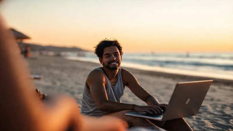 Photorealistic image of a digital nomad sitting calmly at a laptop on a beach, with a serene expression, while in the background, subtly blurred, a series of small, organized tasks are being completed by invisible hands, symbolizing efficient delegation and freedom. Cinematic lighting, golden hour, sharp focus on the nomad, depth of field. 8K, professional photography, shot on a high-end DSLR.