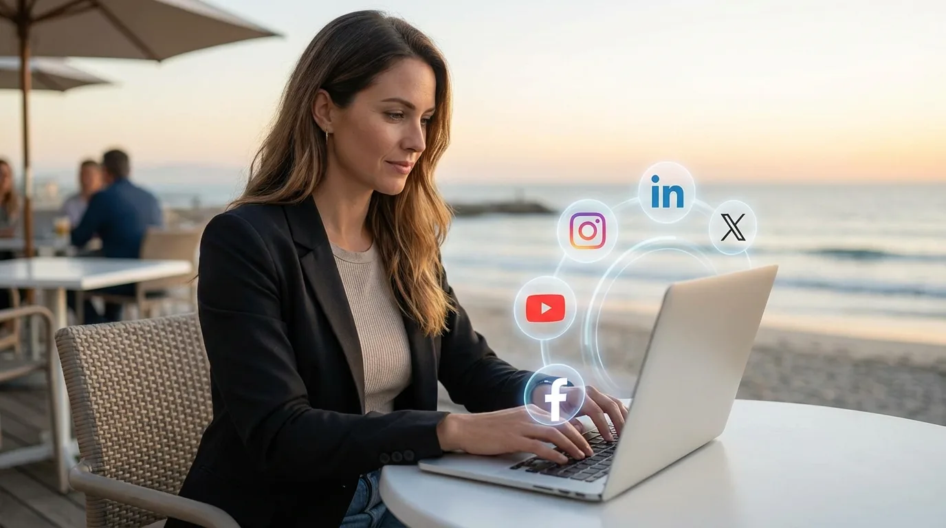 Educador nômade digital utilizando um laptop com ícones de redes sociais ao redor — a presença online é fundamental para construir sua marca pessoal.