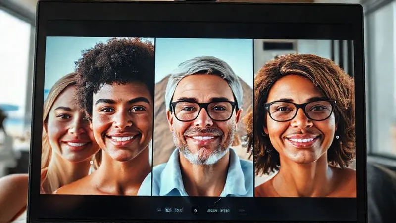 A photorealistic image of a diverse group of digital nomads on a video call, each in a different location (beach, mountain, city apartment). Their faces show subtle expressions of engagement and focus. The screen is overlaid with faint analytical lines connecting their expressions, symbolizing observation and interpretation. Cinematic lighting, sharp focus on the faces, depth of field, 8K hyper-detailed, shot on a high-end DSLR.