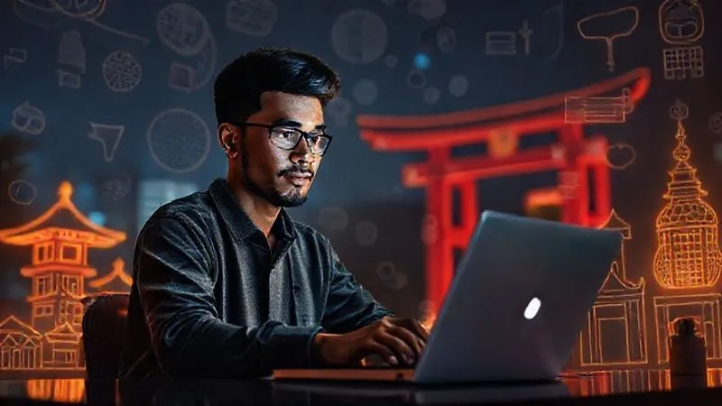 A photorealistic image showing a digital nomad at a laptop, surrounded by a subtle, glowing overlay of different cultural symbols (e.g., Japanese torii, African patterns, European architecture) and generational icons (e.g., retro cassette tape, modern smartphone). The nomad looks engaged and understanding. Cinematic lighting, sharp focus on the nomad and laptop, depth of field blurring the background, 8K hyper-detailed, shot on a high-end DSLR.