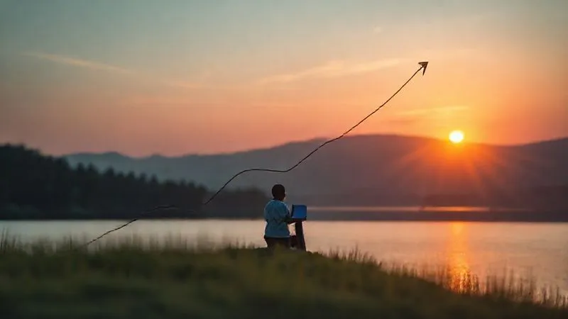 A photorealistic image of a graph showing an upward trend, representing increased productivity and well-being. The graph is subtly integrated into a serene landscape with a digital nomad working peacefully in the foreground, overlooking a calm lake at sunrise. Cinematic lighting, sharp focus on the nomad and the graph, depth of field, 8K hyper-detailed, shot on a high-end DSLR.