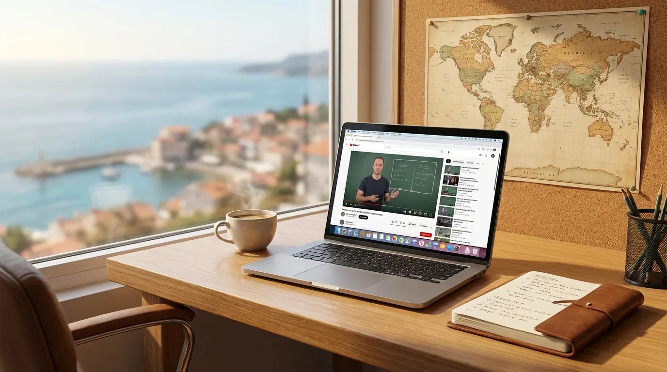 Espaço de trabalho de um educador nômade digital com laptop, café, caderno e mapa mundi — flexibilidade e autenticidade são essenciais.