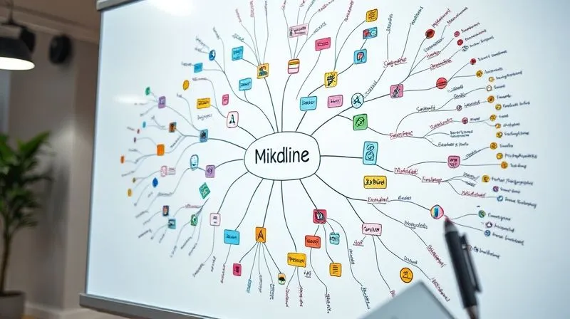 A photorealistic, professional photography image of a detailed, colorful mind map on a digital whiteboard, with nodes connected by lines, icons, and embedded small images, showing a complex topic being broken down into manageable, interconnected ideas. The map has a clear central theme and radiating branches. Cinematic lighting, sharp focus on the mind map, depth of field blurring a minimalist digital nomad workspace in the background. 8K hyper-detailed, shot on a high-end DSLR.