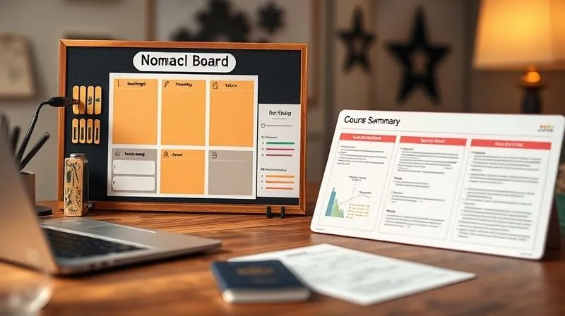 A photorealistic, professional photography image of a Miro board showcasing several custom templates for nomadic life and learning. One template could be for 'Destination Planning' with sections for budget, visa, activities; another for 'Course Summary' with key takeaways and action items. The templates are neatly arranged, colorful, and clearly labeled. Cinematic lighting, sharp focus on the templates, depth of field blurring a laptop and a passport on a table in the foreground. 8K hyper-detailed, shot on a high-end DSLR.