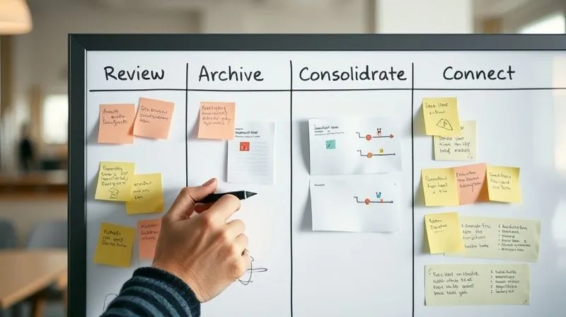 A photorealistic, professional photography image of a digital whiteboard (Miro) with sections clearly labeled for 'Review', 'Archive', 'Consolidate', and 'Connect'. Sticky notes and diagrams are being neatly moved and organized, with some fading out into an 'archive' section. A hand with a stylus is interacting with the board. Cinematic lighting, sharp focus on the organization process, depth of field blurring a serene, organized nomadic workspace. 8K hyper-detailed, shot on a high-end DSLR.