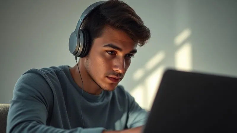 A photorealistic image of a person deeply focused on a laptop in a quiet, minimalist room, wearing noise-canceling headphones. Soft, diffused natural light illuminates their face, emphasizing concentration. The background is slightly blurred, highlighting the subject. Professional photography, 8K, cinematic lighting, sharp focus, depth of field, shot on a high-end DSLR.