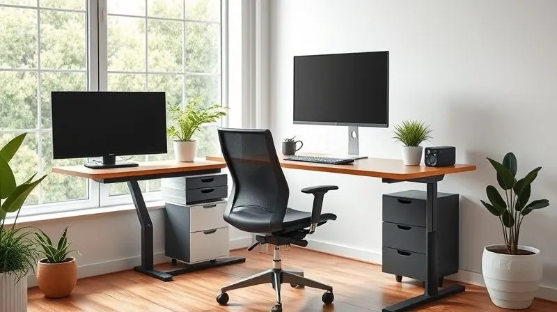 A photorealistic image of a perfectly organized, ergonomic home office desk with a large window letting in soft natural light. A comfortable office chair, an adjustable standing desk, a dual monitor setup, and a few carefully placed green plants create a serene and productive atmosphere. The focus is on the clean lines and functionality. Professional photography, 8K, cinematic lighting, sharp focus, depth of field, shot on a high-end DSLR.