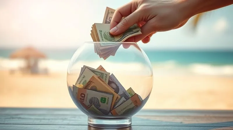 A photorealistic close-up of hands carefully placing a stack of diverse currency bills into a transparent piggy bank shaped like a globe. The globe piggy bank is half-full, symbolizing progress in saving. The background is a gently blurred, sunlit view of an exotic beach, representing the nomad's lifestyle. Cinematic lighting, sharp focus on the hands and money, depth of field blurring the background, 8K hyper-detailed, professional photography, shot on a high-end DSLR.