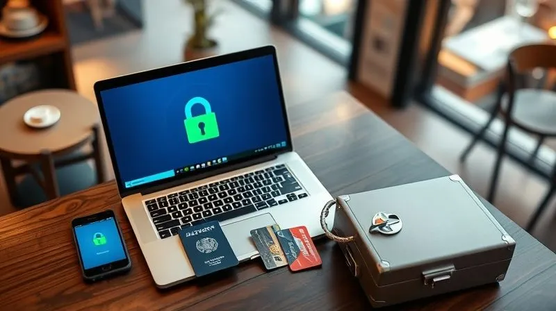 A photorealistic overhead shot of a digital nomad's workspace. A laptop displays a secure online banking interface with a green padlock icon. Beside it, a smartphone shows a multi-currency app. A passport, a few credit cards from different banks, and a small, locked travel safe are arranged neatly. The background is a blurred but recognizable cafe in a vibrant international city. Cinematic lighting, sharp focus on the devices and cards, depth of field blurring the background, 8K hyper-detailed, professional photography, shot on a high-end DSLR.