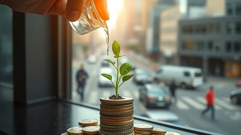 A photorealistic image of a hand watering a small, vibrant money plant growing out of a stack of coins. The plant is healthy and green, symbolizing continuous growth and careful nurturing of financial resources. The background is a soft, warm glow from a window overlooking a bustling city street, suggesting life in motion. Cinematic lighting, sharp focus on the hand and plant, depth of field blurring the background, 8K hyper-detailed, professional photography, shot on a high-end DSLR.