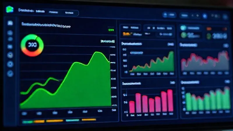A photorealistic digital dashboard of a Facebook Ads manager, showing various graphs and metrics. A large, prominent green graph indicates positive ROAS, while smaller red sections highlight areas of inefficiency. The interface is clean, modern, with sharp focus on key performance indicators. Cinematic lighting, 8K, professional photography, depth of field.