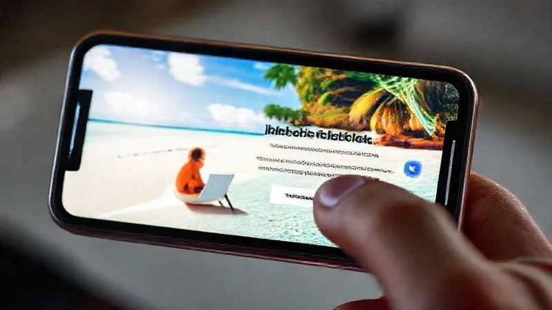 A photorealistic close-up of a vibrant, engaging smartphone screen displaying a compelling Facebook Ad. The ad features a visually stunning image of a person working remotely from a beautiful beach, with a clear, benefit-driven headline and a prominent call-to-action button. The user's thumb is poised to tap the screen. Cinematic lighting, sharp focus on the ad content, depth of field blurring the background, 8K, professional photography.