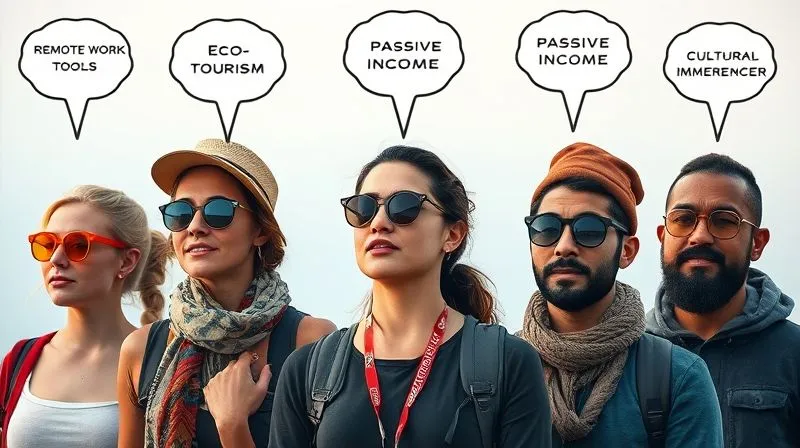 A photorealistic image of a diverse group of digital nomads, each representing a different persona (e.g., a solo female traveler, a tech entrepreneur, a creative freelancer), with thought bubbles above their heads showing their unique interests like 'remote work tools', 'eco-tourism', 'passive income', and 'cultural immersion'. The image should have a professional photography feel, 8K hyper-detailed, cinematic lighting, sharp focus, depth of field.