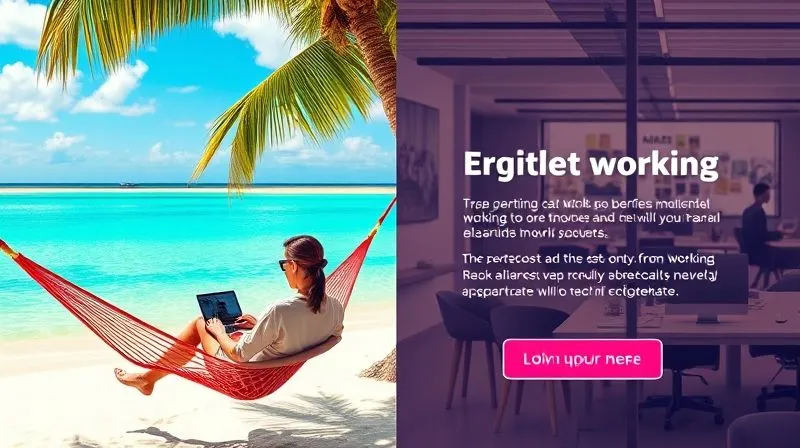 A photorealistic image of a compelling Facebook Ad creative for digital nomads. The image features a vibrant split screen: one side shows a person working happily on a laptop from a hammock on a pristine beach, the other side displays clear, concise text overlaying a subtle background of a bustling co-working space, with a call-to-action button prominent. The aesthetic is professional, aspirational, and authentic, with sharp focus and cinematic lighting, 8K hyper-detailed.