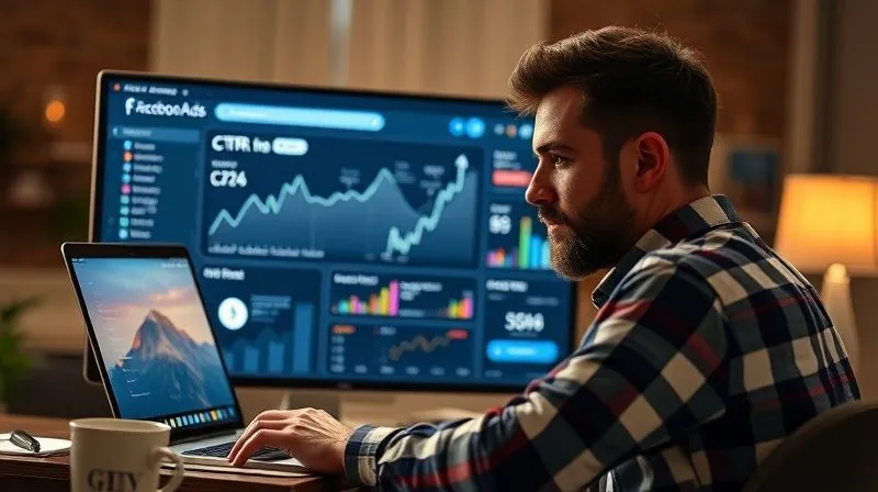A photorealistic image of a digital nomad sitting in front of a laptop, with a complex yet clean Facebook Ads dashboard on the screen. The dashboard displays various metrics like CTR, ROAS, CPA, with clear upward trend arrows indicating growth and profit. The lighting is bright and optimistic, reflecting success. 8K hyper-detailed, professional photography, sharp focus on the screen and the nomad's focused expression.