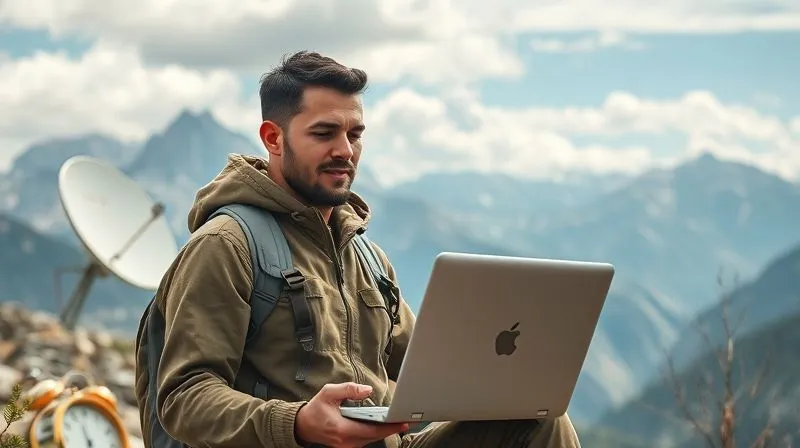 A photorealistic image of a determined digital nomad, laptop open, looking at a challenging mountain landscape with a triumphant expression. Around them, subtle visual cues of overcoming tech challenges like a robust satellite internet dish, a power bank, and a global clock showing multiple time zones. The background is a stunning natural environment, suggesting both adventure and problem-solving. Professional photography, 8K, cinematic lighting, sharp focus.