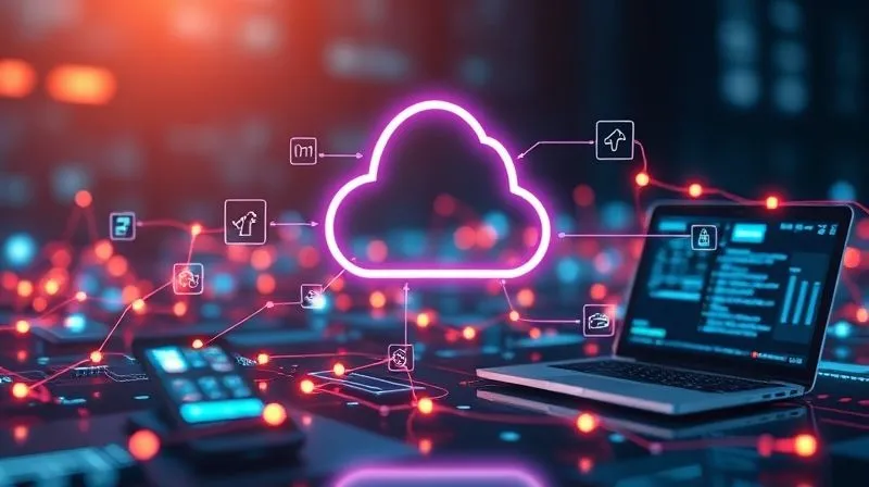 A photorealistic abstract representation of digital tasks flowing seamlessly and automatically between different devices and cloud icons, with glowing data lines, cinematic lighting, sharp focus, depth of field, 8K hyper-detailed.
