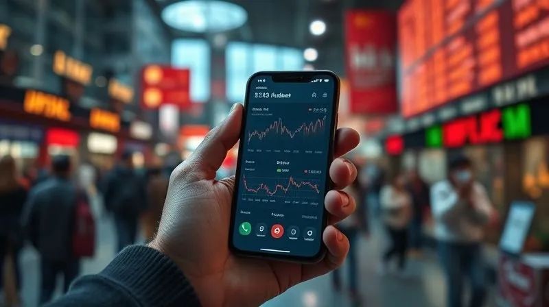 A photorealistic image of a digital nomad's hand holding a smartphone displaying a financial dashboard with graphs and charts, while in the background, out of focus, a bustling foreign market scene, cinematic lighting, sharp focus on the phone, depth of field, 8K hyper-detailed.