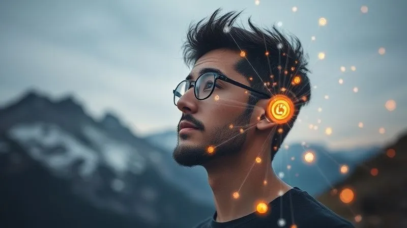 A photorealistic image of a digital nomad looking thoughtfully at a complex web of glowing digital lines and icons on a transparent screen, symbolizing the challenge and potential of automation, with a serene mountain landscape in the background, cinematic lighting, sharp focus on the screen, depth of field, 8K hyper-detailed.