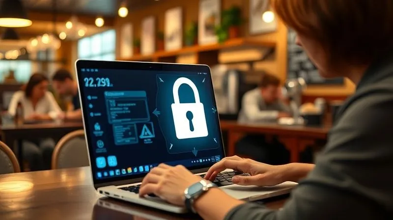 A person using a laptop at a cafe, with a padlock icon overlaid on the screen, representing digital security. The background is a bustling but slightly blurred cafe scene, showing other patrons and a barista. Photorealistic, professional photography, 8K, cinematic lighting, sharp focus on the laptop and padlock, depth of field, shot on a high-end DSLR.
