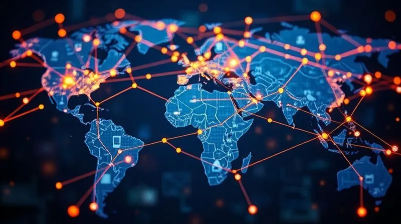 A complex web of interconnected digital tools and applications, forming a network of productivity, with glowing lines representing data flow, set against a backdrop of a global map. Photorealistic, professional photography, 8K, cinematic lighting, sharp focus on the digital network, depth of field, shot on a high-end DSLR.