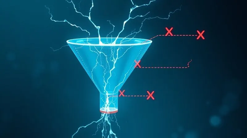 A photorealistic image of a clear, modern digital sales funnel diagram, with visible cracks and glowing data streams leaking out at various stages. A red 'X' mark highlights the leakage points. Cinematic lighting, sharp focus, 8K, shot on a high-end DSLR.
