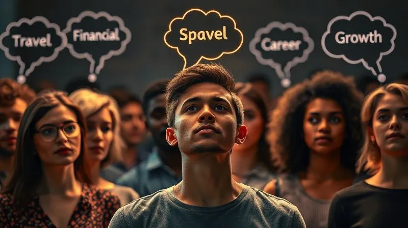 A photorealistic image of a diverse group of people, each with a thought bubble above their head showing different aspirations (e.g., travel, financial freedom, career growth), but one specific person in the foreground has a thought bubble perfectly aligned with a glowing message being projected from a digital screen. Cinematic lighting, sharp focus on the aligned message and person, 8K, professional photography, shot on a high-end DSLR.