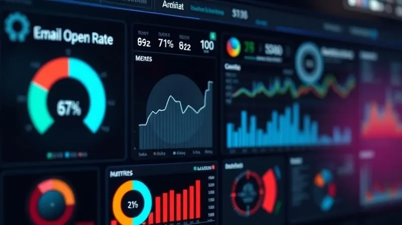 A photorealistic image of a complex digital dashboard displaying various marketing automation metrics (email open rates, conversion rates, lead scores). Interconnected gears are subtly visible in the background, symbolizing seamless integration. Cinematic lighting, sharp focus on the data, 8K, professional photography, shot on a high-end DSLR.