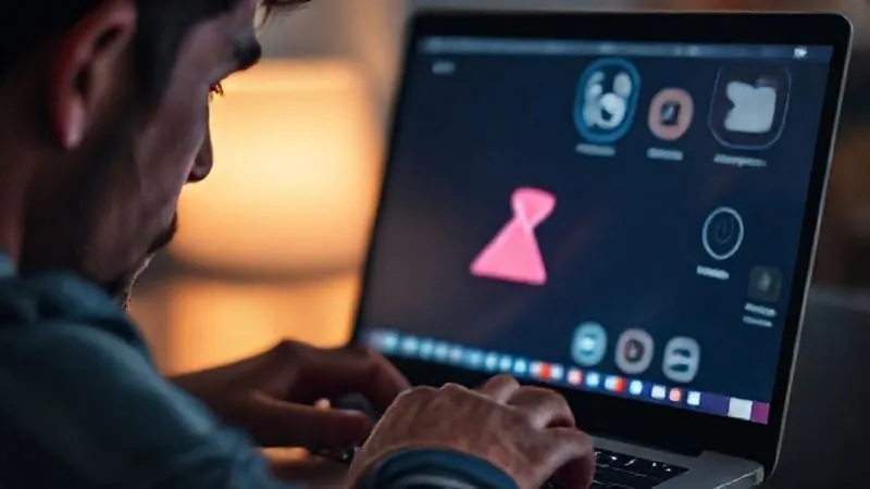 A photorealistic image of a frustrated person looking at a laptop screen displaying a broken conversion funnel icon, with digital service icons subtly blurred in the background. Cinematic lighting, sharp focus on the screen, depth of field, 8K hyper-detailed, professional photography.