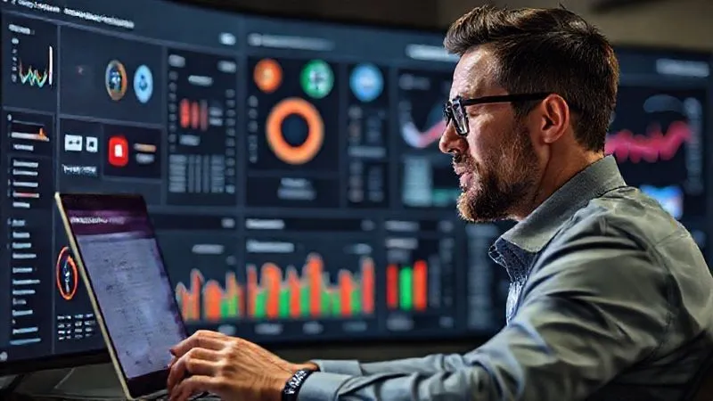 A photorealistic image of a digital marketer confidently navigating a complex, multi-channel marketing dashboard, with various icons representing Google Search, YouTube, Display Network, and Gmail. The screen shows positive performance metrics. Cinematic lighting, sharp focus, depth of field, 8K hyper-detailed.