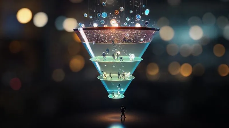 A photorealistic conceptual image of a marketing funnel, with distinct layers representing awareness, consideration, and conversion. Digital service icons and small human figures are moving down the funnel, illustrating customer journey. The funnel is glowing with strategic light. Cinematic lighting, sharp focus, depth of field, 8K hyper-detailed.