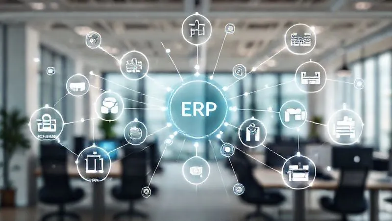 A photorealistic, professional photography of a complex digital network diagram, with glowing lines connecting various software icons (CRM, ERP, Marketing Automation, E-commerce) in a clean, modern workspace. Cinematic lighting, sharp focus on the central data flow, depth of field blurring office background, 8K hyper-detailed, shot on a high-end DSLR, conveying seamless data exchange.