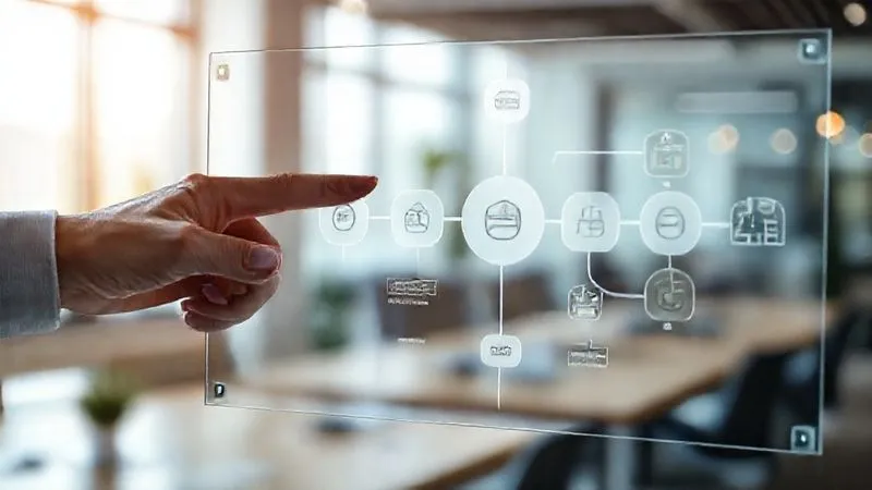 A photorealistic image of a detailed flowchart diagram on a transparent screen, showing data flow between different software icons (CRM, Marketing, Sales, Finance). A hand points to a specific connection point. Cinematic lighting, sharp focus on the diagram, depth of field blurring a modern office background, 8K hyper-detailed, shot on a high-end DSLR, conveying clarity and strategic planning.