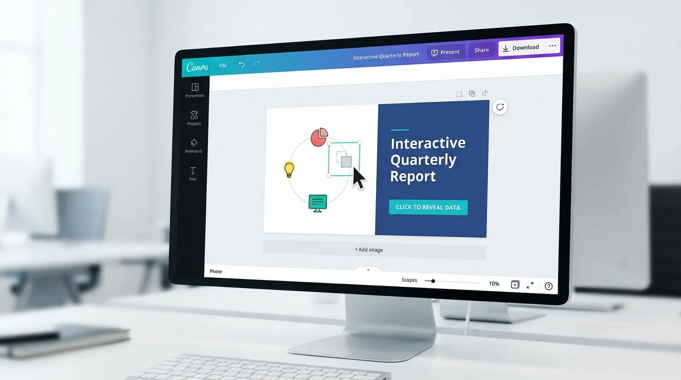 Interface do Canva com elementos interativos: botões, animações e recursos de arrastar e soltar para criar apresentações dinâmicas.