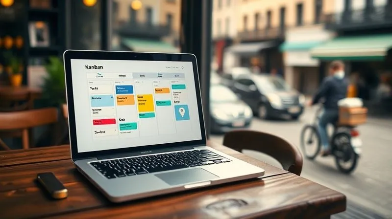 A photorealistic image of a minimalist digital Kanban board on a laptop screen, showing columns like 'To Do', 'Doing', 'Done', with colorful task cards. The laptop is placed on a rustic wooden table in a cafe overlooking a bustling city street, but the nomad in the foreground is calm and focused. Cinematic lighting creates a warm glow, sharp focus on the screen, depth of field blurring the background. 8K hyper-detailed, professional photography, high-end DSLR.