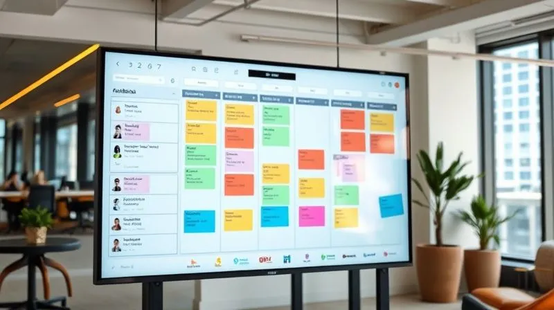 A photorealistic image of a highly organized digital Kanban board on a large monitor, displaying colorful cards with clear labels, due dates, and avatars. The board uses distinct swimlanes for different projects or clients. The lighting is bright and clean, sharp focus on the details of the board, depth of field blurring a comfortable, modern co-working space in a vibrant city. 8K hyper-detailed, professional photography, high-end DSLR.