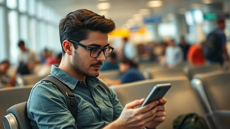 A photorealistic image of a digital nomad looking at a mobile phone with a Kanban app, while sitting in a bustling, slightly chaotic airport lounge. Despite the surrounding activity, the nomad has a calm and focused expression, making adjustments to their task board. Cinematic lighting, sharp focus on the phone screen and nomad's face, depth of field blurring the background. 8K hyper-detailed, professional photography, high-end DSLR.
