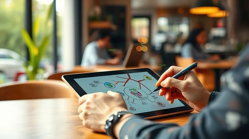 A photorealistic image of a digital nomad's hand drawing an intricate, colorful mind map on a tablet, with branches extending organically from a central image. The background shows a blurred, sunlit cafe with other nomads working, emphasizing a dynamic yet focused environment. Cinematic lighting, sharp focus on the mind map, depth of field blurring the background, 8K hyper-detailed, professional photography, shot on a high-end DSLR.