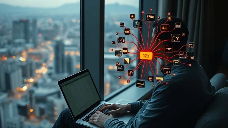 A photorealistic image of a digital nomad sitting by a window overlooking a bustling city, their face illuminated by the glow of a laptop screen displaying a vibrant, complex mind map. The map is filled with creative ideas, symbols, and connections, symbolizing problem-solving and innovation. Cinematic lighting, sharp focus on the nomad and the screen, depth of field blurring the city, 8K hyper-detailed, professional photography, shot on a high-end DSLR.