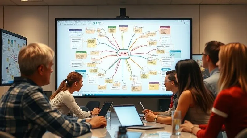 A photorealistic image of a diverse group of digital nomads from different parts of the world collaborating virtually on a large, shared digital mind map displayed on multiple screens. The map is dynamic and colorful, showing real-time edits and comments. Cinematic lighting, sharp focus on the screens and the engaged faces, depth of field blurring individual backgrounds, 8K hyper-detailed, professional photography, shot on a high-end DSLR.