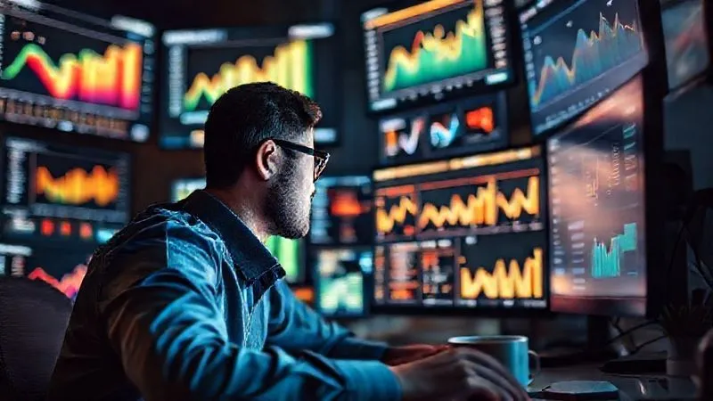 A photorealistic image of a person at a desk, surrounded by multiple glowing screens displaying charts, graphs, keyword analysis tools, and social media feeds. The person is wearing glasses, intensely focused, with a cup of coffee nearby. Cinematic lighting, sharp focus on the screens and person, depth of field blurring the background. 8K hyper-detailed, professional photography, shot on a high-end DSLR. The overall mood is one of deep analytical insight and discovery.