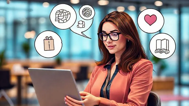 A photorealistic, professional photography, 8K, cinematic lighting, sharp focus, depth of field image shot on a high-end DSLR. A vibrant, detailed illustration of a 'customer avatar' profile. It features a stylized, professional woman with a laptop, surrounded by thought bubbles containing icons representing her desires (e.g., globe for travel, money bag for profit, heart for well-being), her challenges (e.g., tangled wires, question mark), and her interests (e.g., book, yoga mat). The background is a blurred, modern co-working space or a scenic remote location. No text or logos.