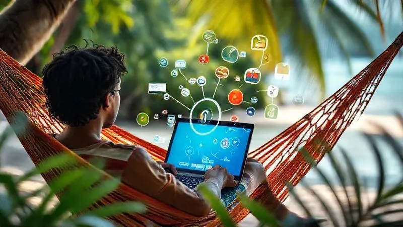 A photorealistic, professional photography, 8K, cinematic lighting, sharp focus, depth of field image shot on a high-end DSLR. A person, possibly a digital nomad, is sitting comfortably in a hammock with a laptop, surrounded by lush nature (e.g., a beach or jungle). The laptop screen displays a vibrant, interconnected web of content types: blog posts, video icons, podcast waves, and social media logos, all flowing towards a central 'target' icon. The scene conveys a sense of seamless digital strategy and freedom. No text or logos.