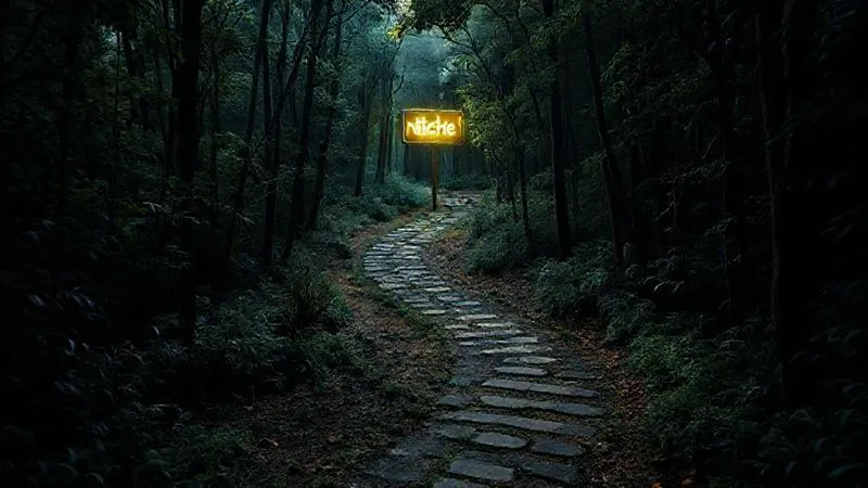 A photorealistic, professional photography, 8K, cinematic lighting, sharp focus, depth of field image shot on a high-end DSLR. A winding, overgrown path splitting into multiple confusing directions in a dense digital forest, with ominous shadows. One path is brightly lit, clear, and leads to a distant, glowing, profitable 'niche' sign. The surrounding paths are dark, confusing, and lead to dead ends or generic, crowded areas. The imagery conveys the common pitfalls and the clarity of finding the right direction. No text or logos.