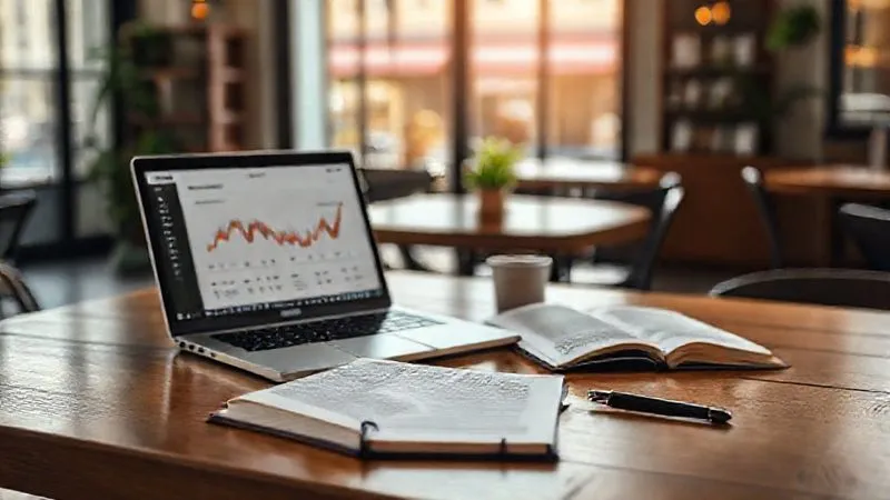 A photorealistic image of a sleek, minimalist digital nomad workspace on a wooden table, featuring a laptop displaying a Notion dashboard, a tablet with an e-book open, and a neatly organized travel journal and pen. The background is a blurred, sunlit cafe interior in a European city, conveying efficiency and focused learning. Professional photography, 8K, cinematic lighting, sharp focus on the workspace, depth of field.