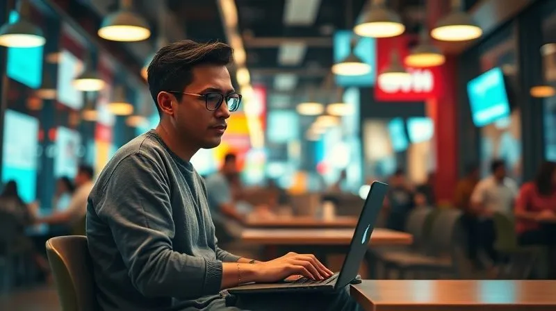 A photorealistic image of a person sitting alone in a bustling co-working space in a vibrant foreign city, looking thoughtful and slightly overwhelmed by their laptop, surrounded by blurred movement, cinematic lighting, sharp focus on the person, depth of field. The mood is contemplative and a bit isolated.